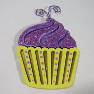 Rainbow Purple Cupcake Laser Cut Wooden Ornament Hangs